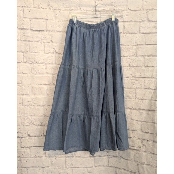 VTG Chambray Denim Prairie Broomstick Western Tiered Maxi Skirt Size Large - Picture 1 of 5